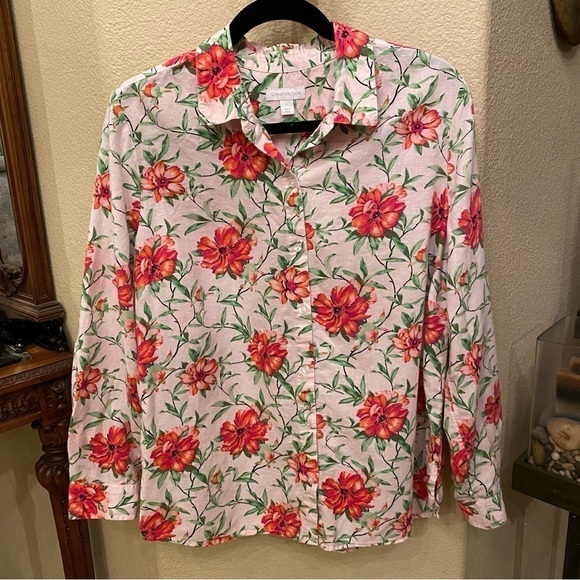 CHARTER CLUB Women Floral Linen Blend Button Long Sleeve Shirt Size Large - Picture 1 of 9